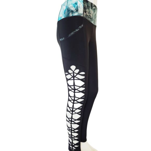 YOGINI - LARGE - Women's/ Junior Non-See Through High Waist Blue Black Tie Dyed - Picture 3 of 4